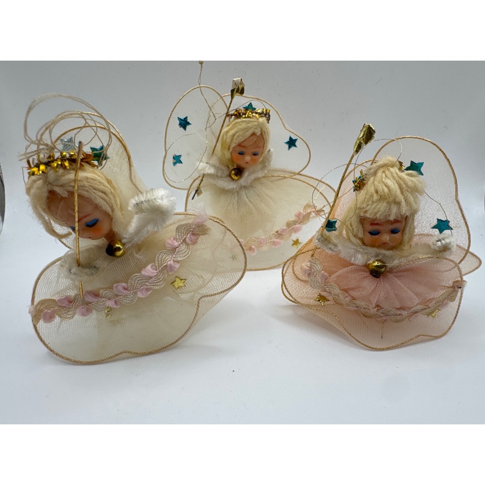 Vintage Japan Mesh Angel Ornaments Set of 3 Gold Wire Pink Cream Mid Century